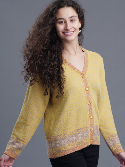  V-Neck Jacquard Wool Cardigan