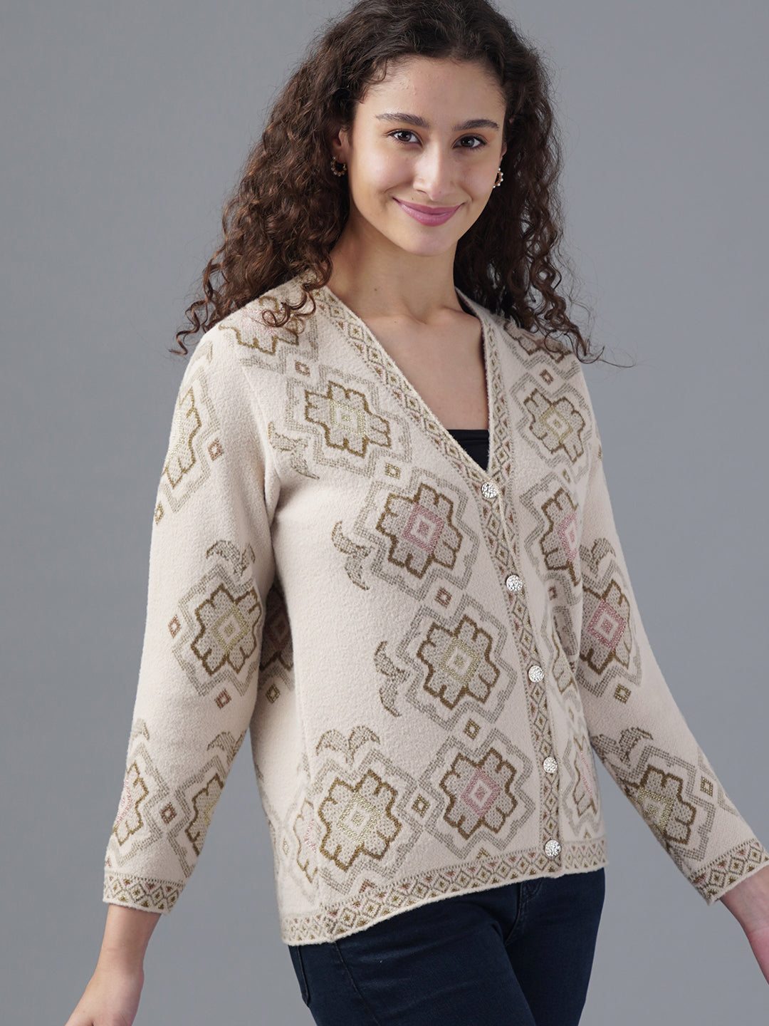 Virsa Geometric Pattern V-Neck Cardigan