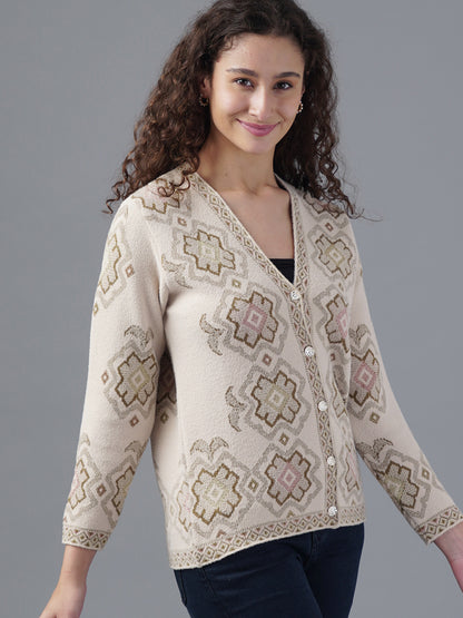 Virsa Geometric Pattern V-Neck Cardigan