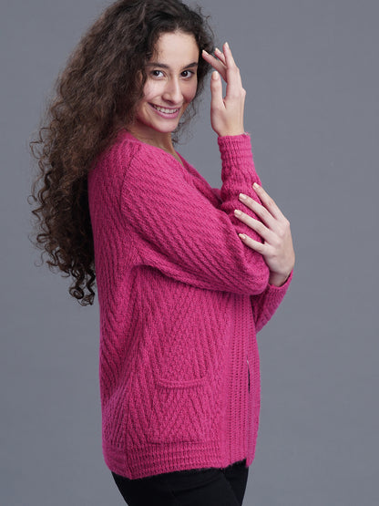 Crimson Frost Round-Neck Cardigan