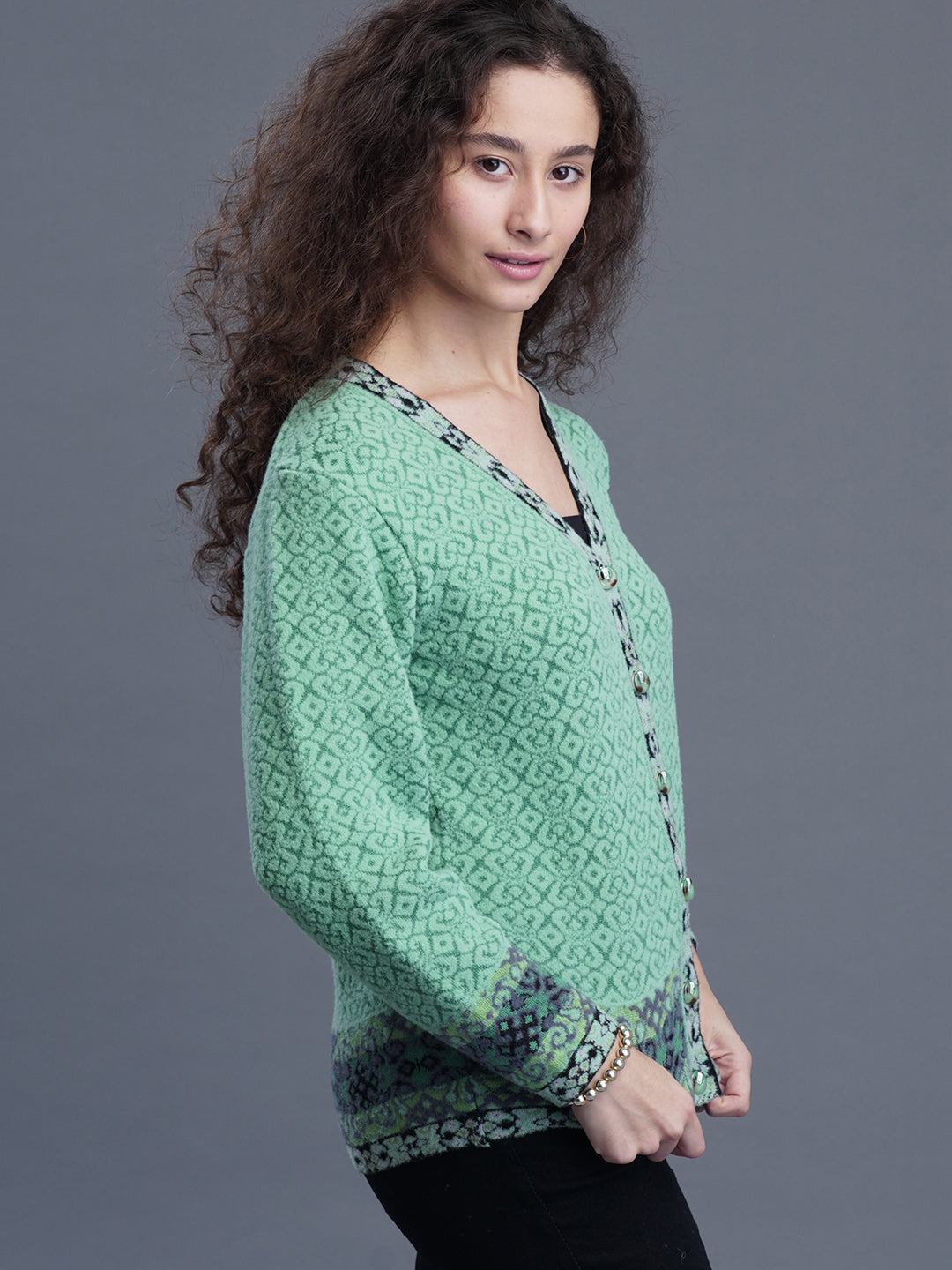  V-Neck Jacquard Wool Cardigan