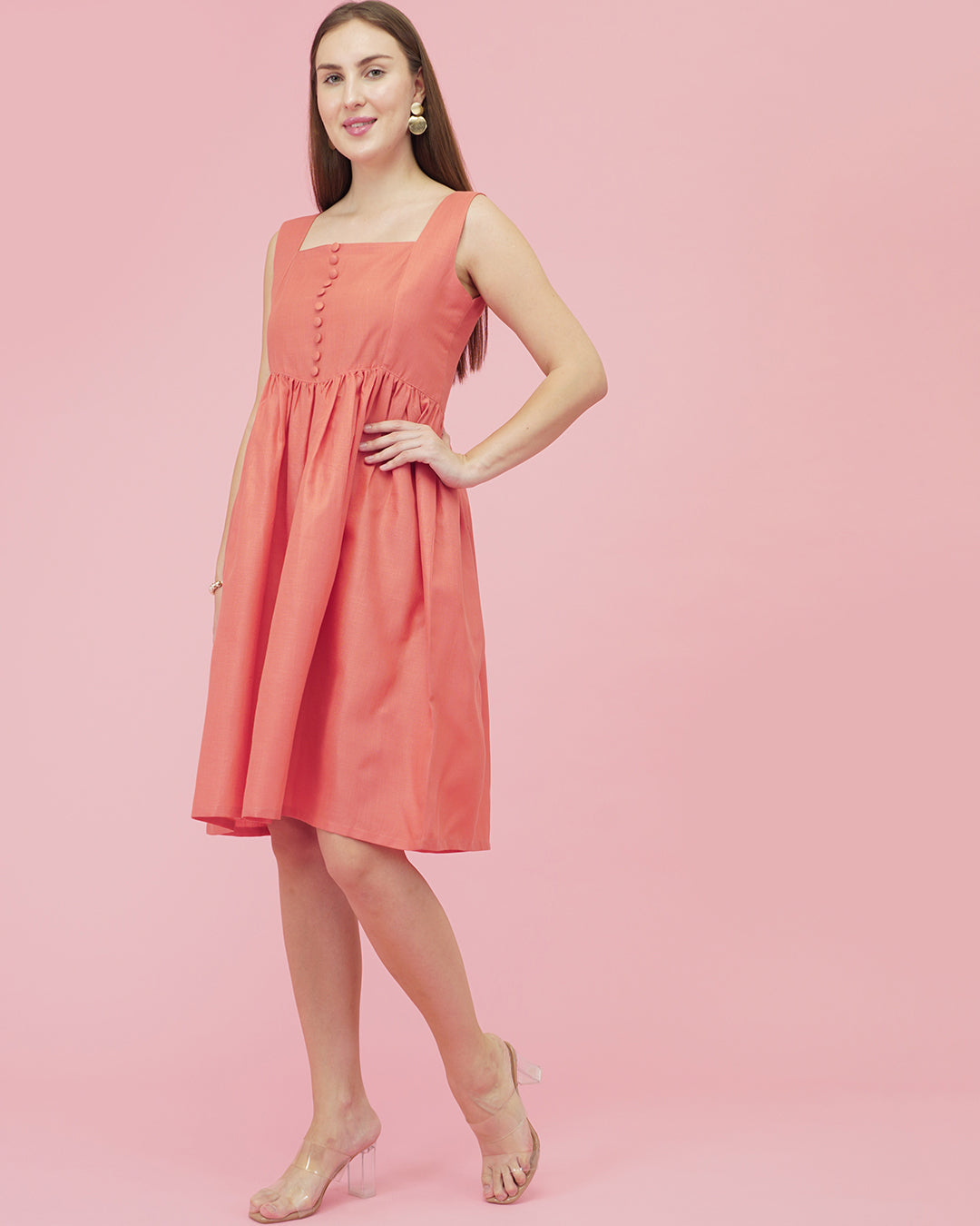 Coral Glow Linen Dress