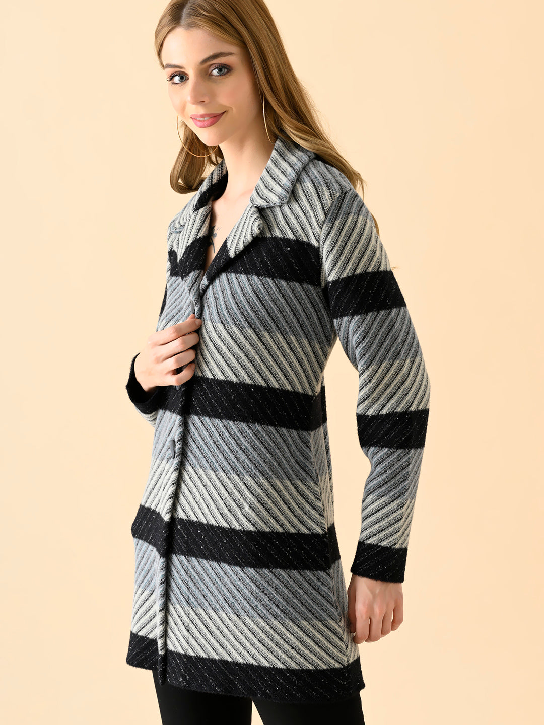 Diagonal Stripe Long Knit Jacket