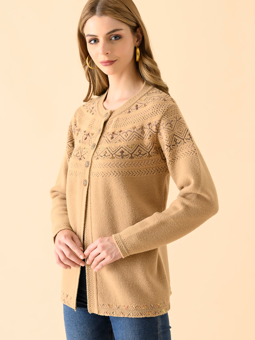 Elegant Round-Neck Embroidered Sweater