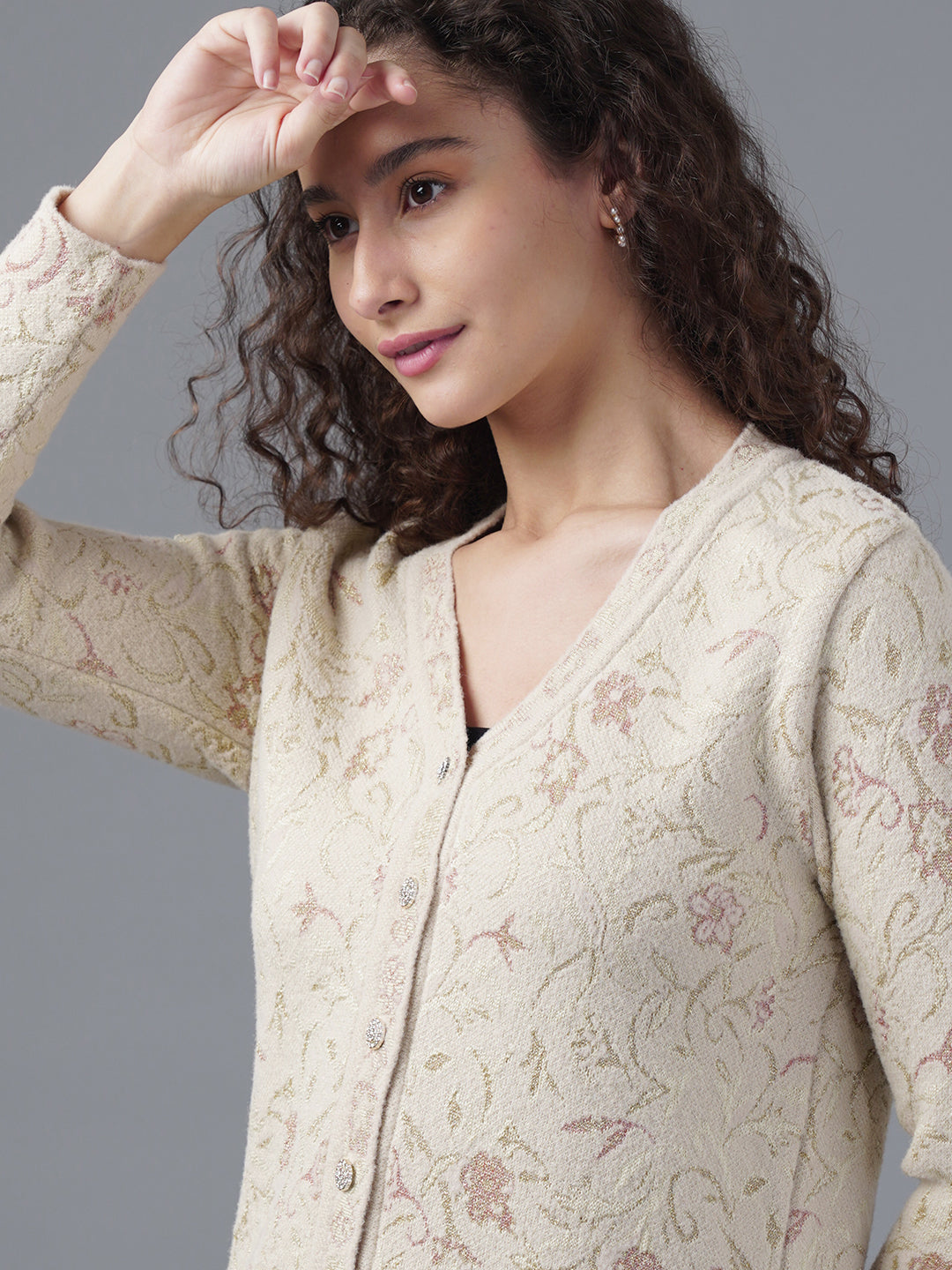 Virsa Floral Jacquard V-Neck Cardigan