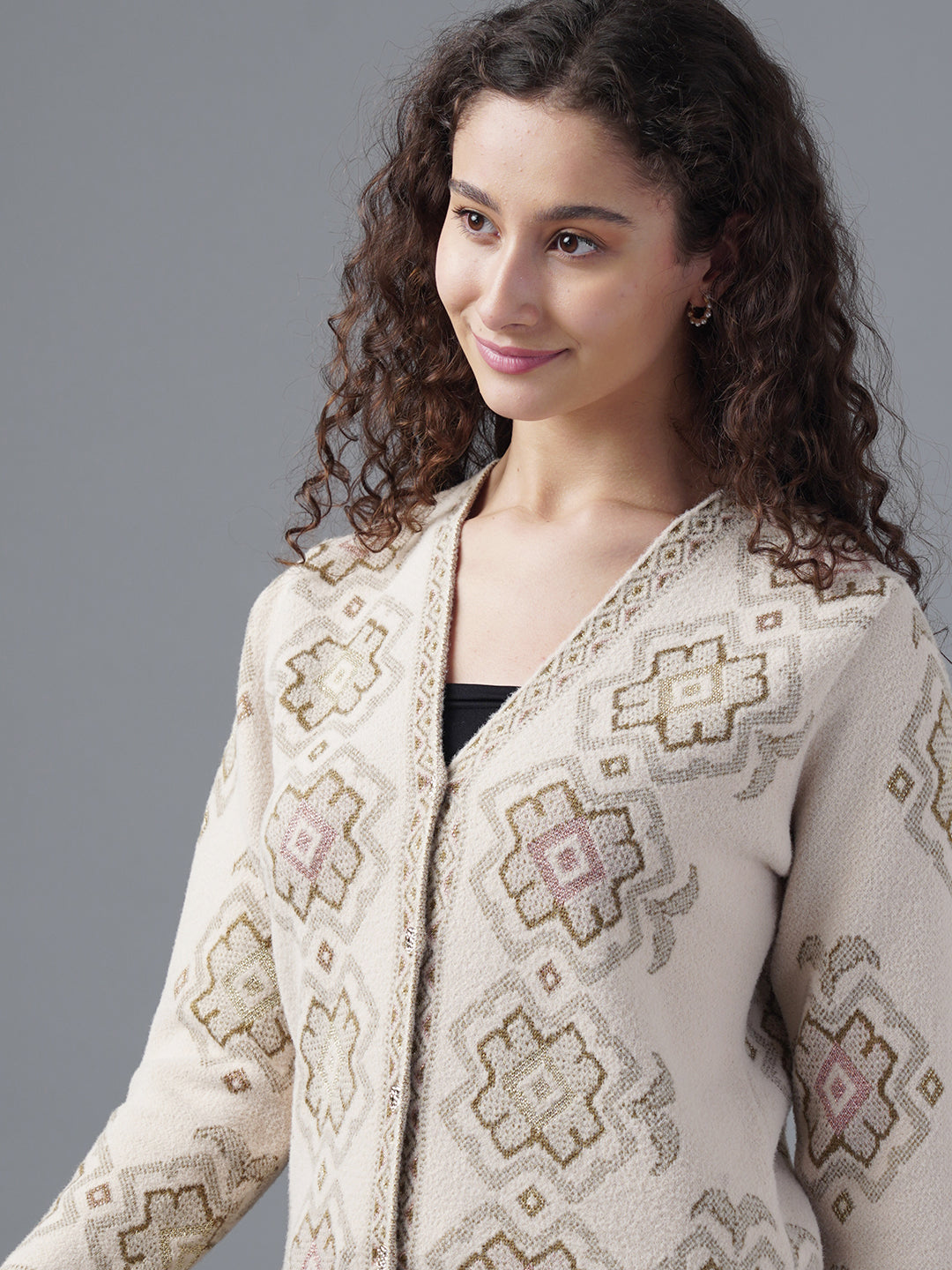 Virsa Geometric Pattern V-Neck Cardigan