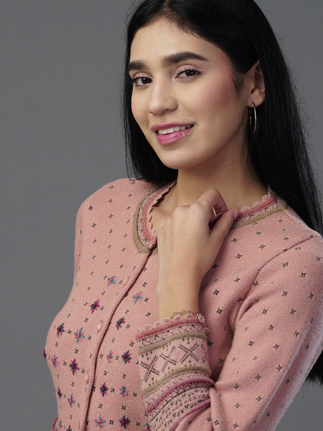 Virsa Peach Formal Jacquard Cardigan