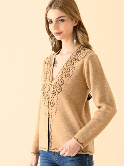 Intricate V-Neck Embroidered Knitwear