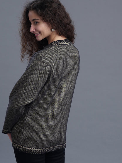 Jacquard Wool Cardigan – Round Neck