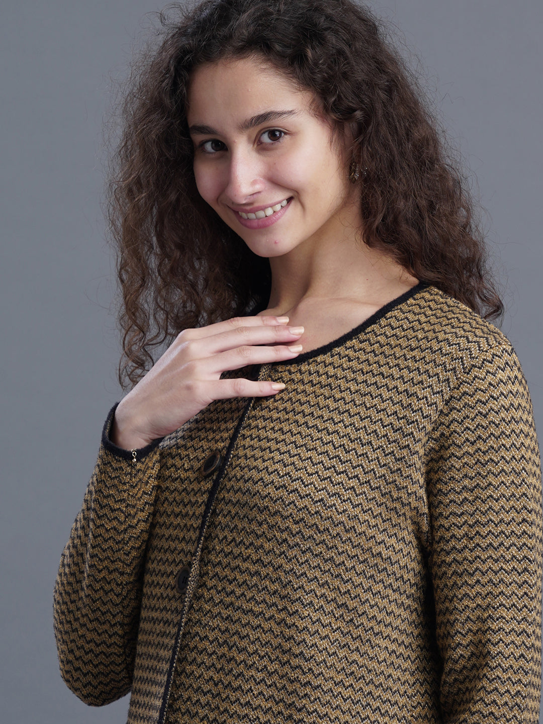  Eira Round Neck Long Jacquard Cardigan