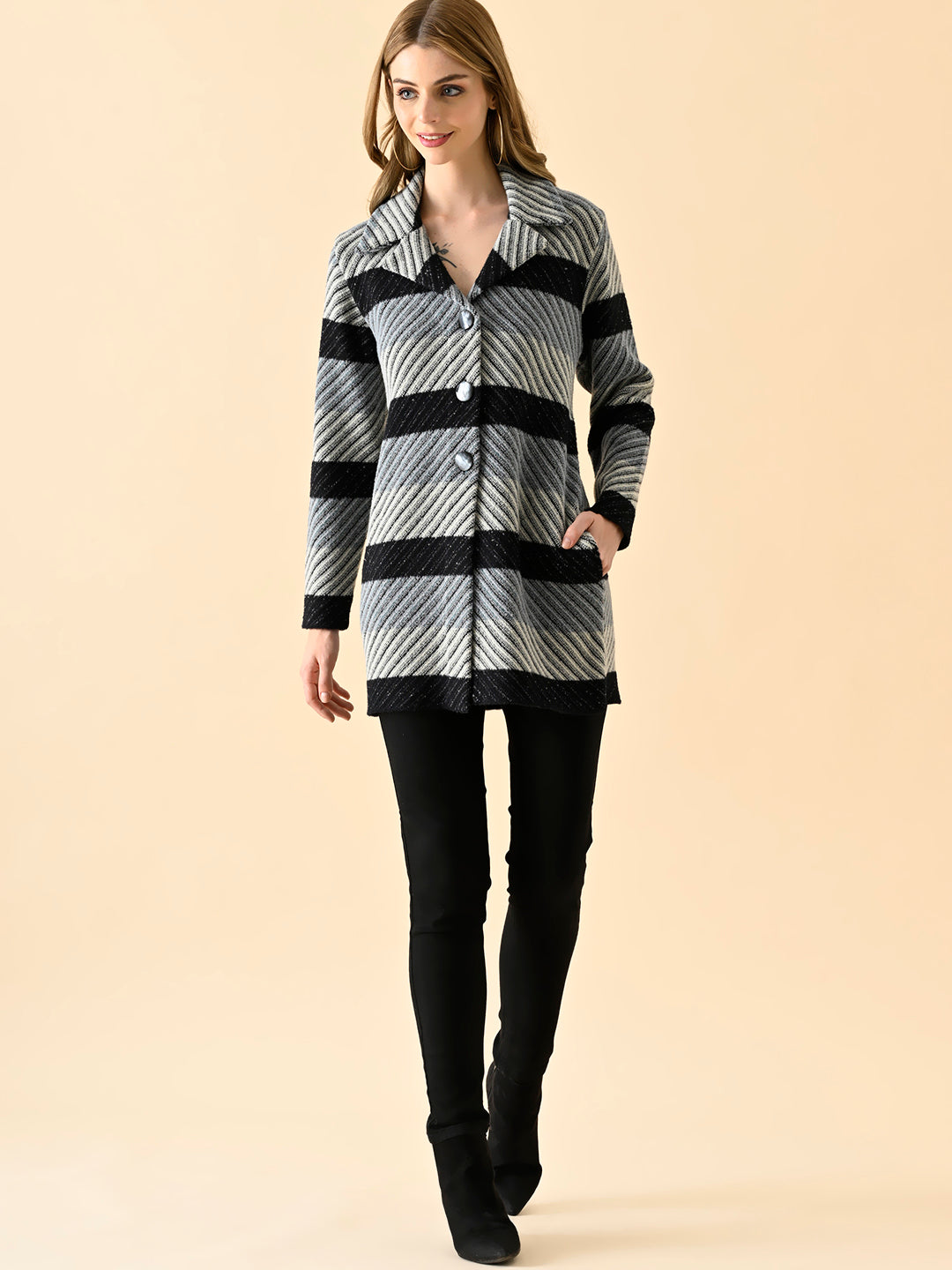 Diagonal Stripe Long Knit Jacket