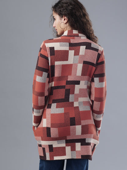 Virsa Geometric Print Longline Cardigan