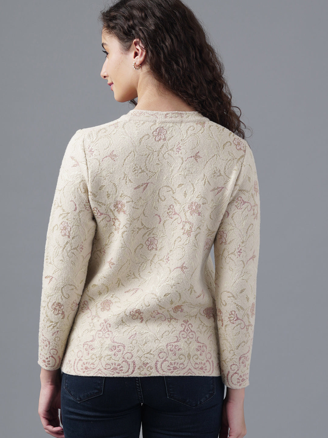 Virsa Floral Jacquard V-Neck Cardigan