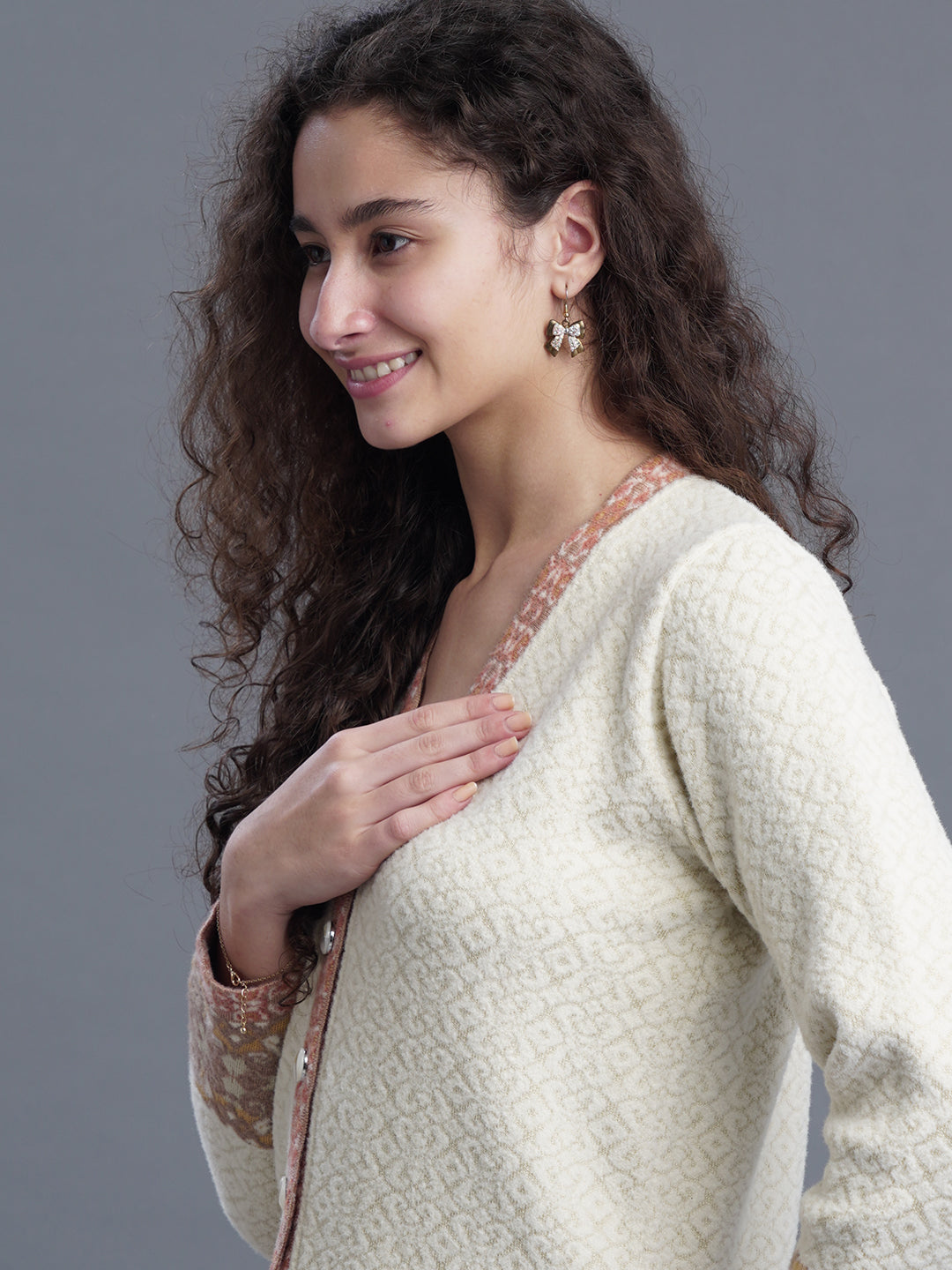  V-Neck Jacquard Wool Cardigan