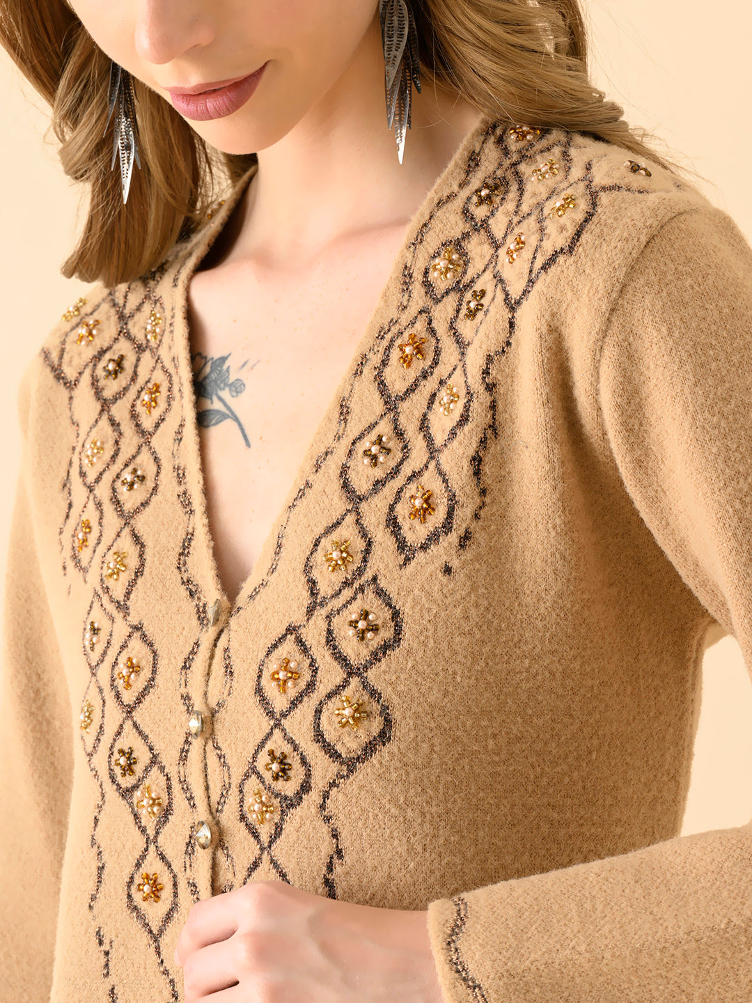 Intricate V-Neck Embroidered Knitwear