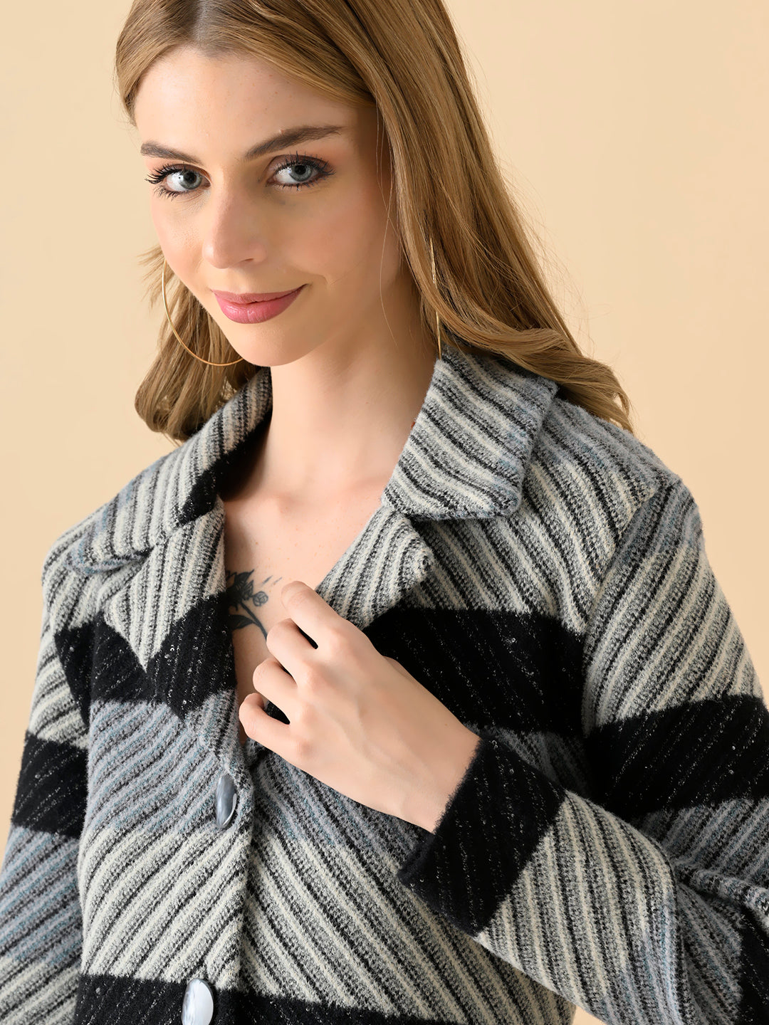 Diagonal Stripe Long Knit Jacket