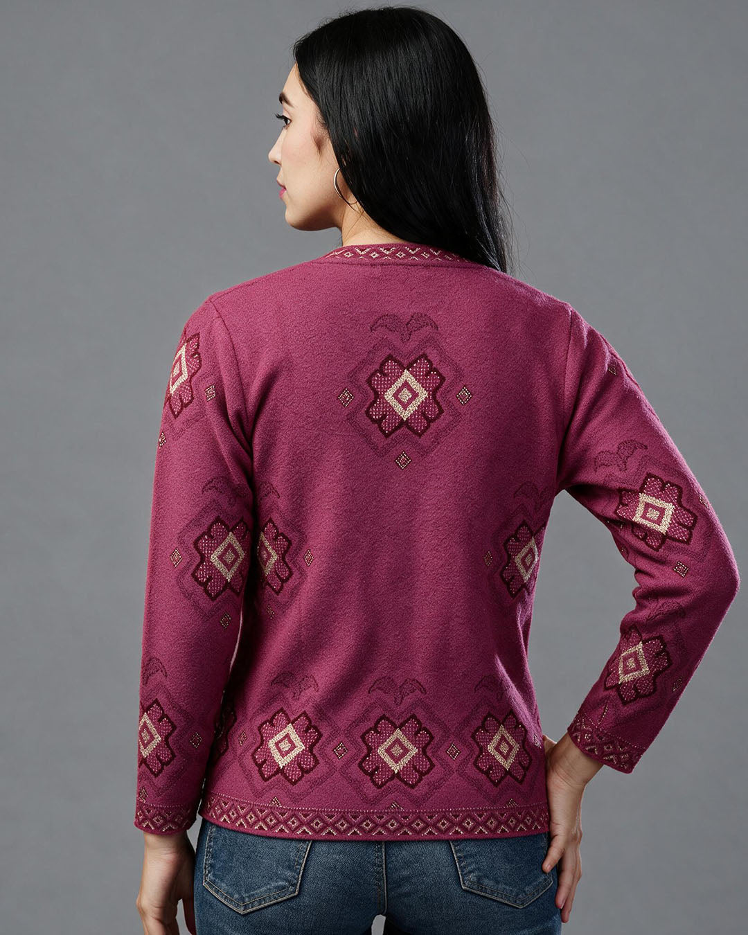 Virsa Geometric Pattern V-Neck Cardigan