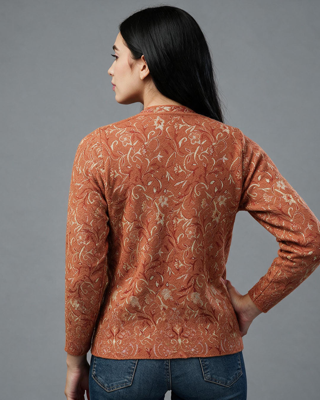 Virsa Floral Jacquard V-Neck Cardigan