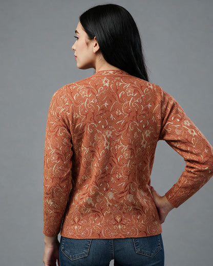 Virsa Floral Jacquard V-Neck Cardigan