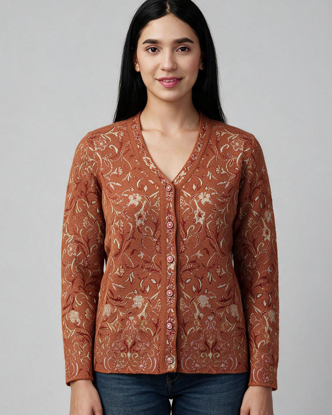 Virsa Floral Jacquard V-Neck Cardigan