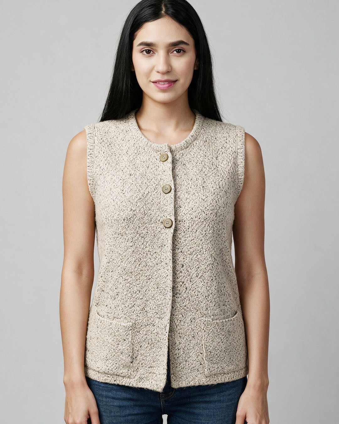 Virsa Round Neck Textured Knit Vest Cardigan