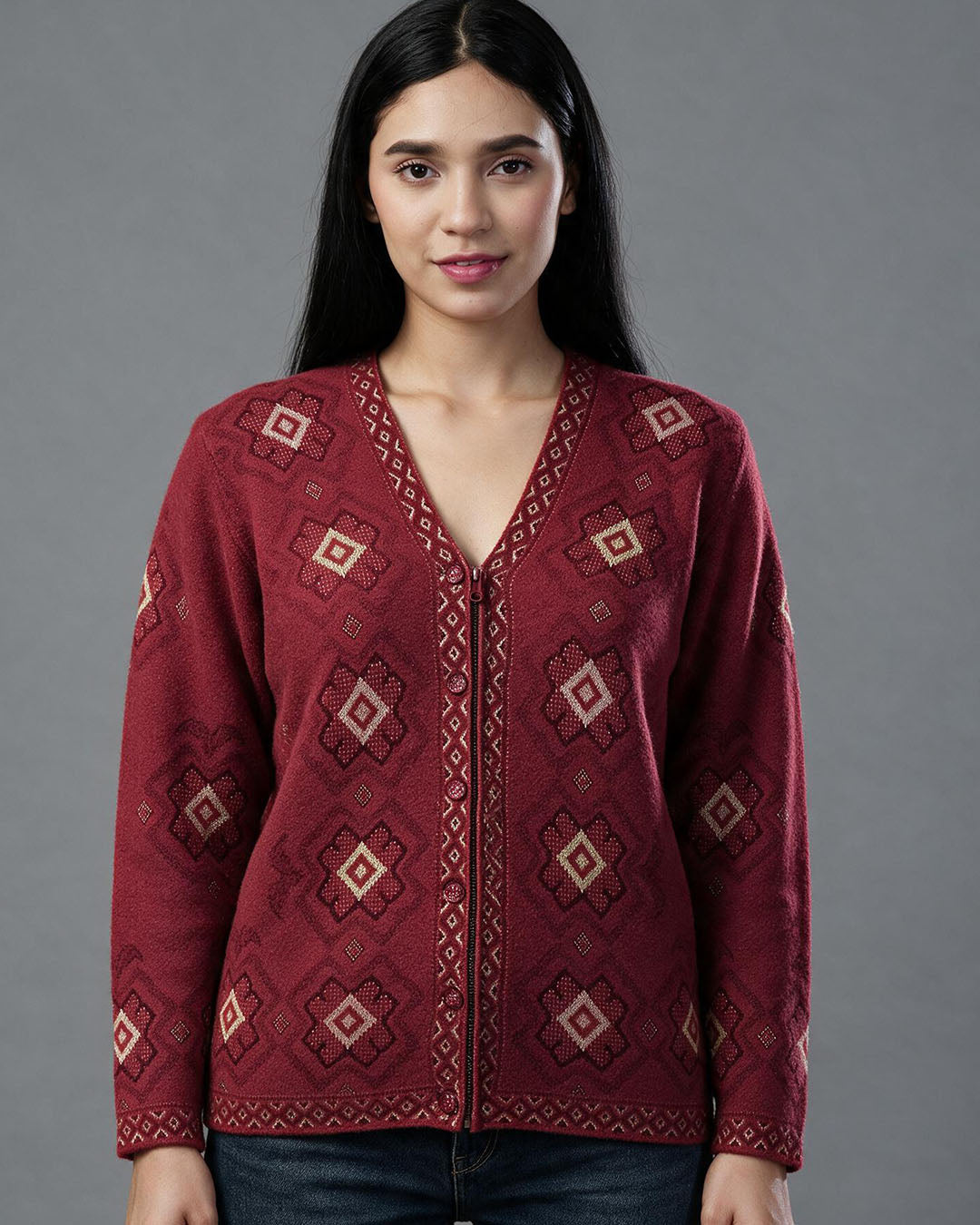 Virsa Geometric Pattern V-Neck Cardigan