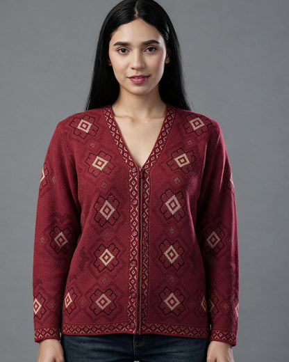 Virsa Geometric Pattern V-Neck Cardigan