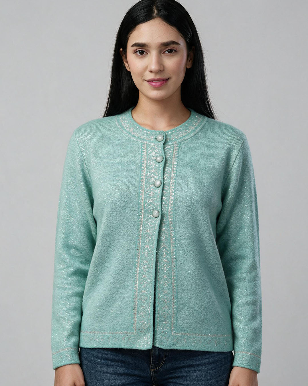 Jacquard Wool Cardigan – Round Neck