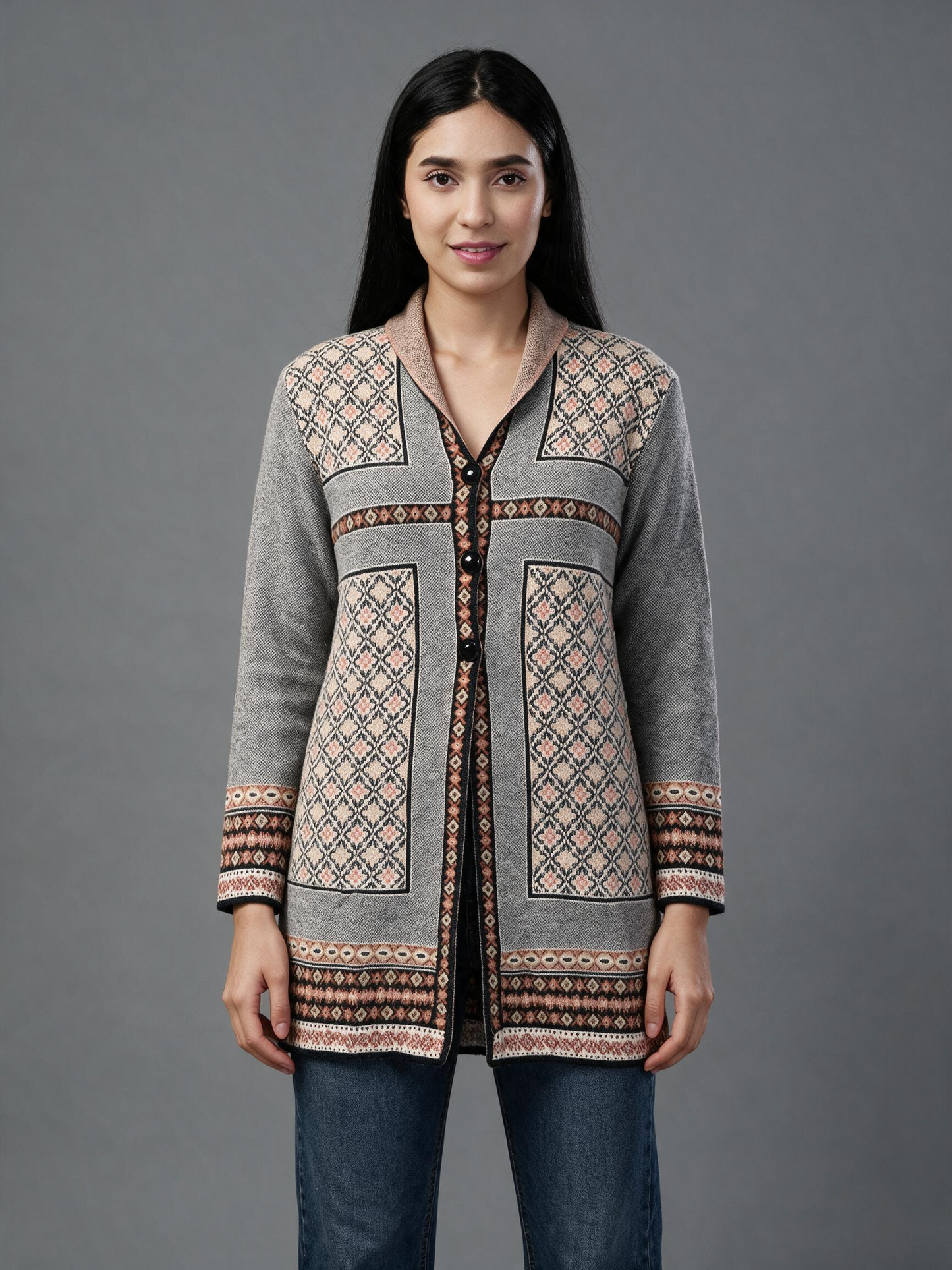 Virsa Ethnic Pattern Longline Cardigan