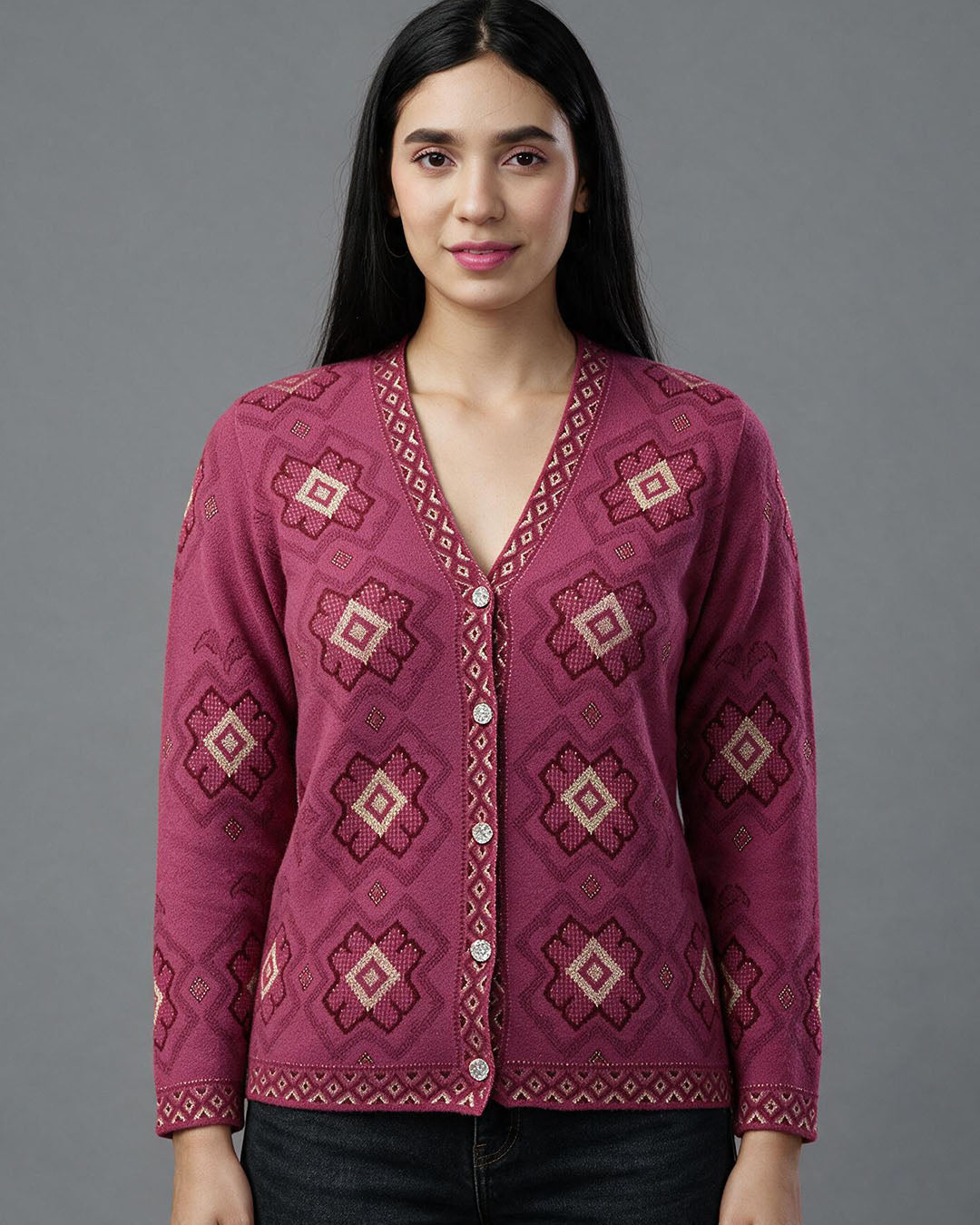 Virsa Geometric Pattern V-Neck Cardigan