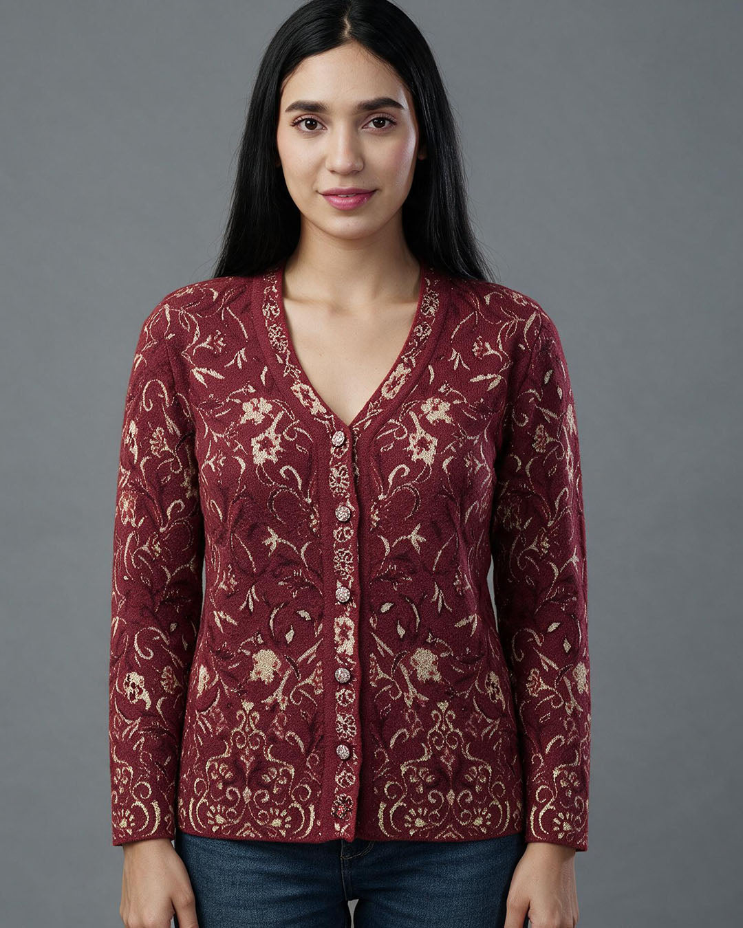 Virsa Floral Jacquard V-Neck Cardigan