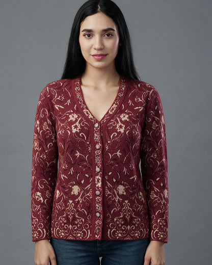 Virsa Floral Jacquard V-Neck Cardigan