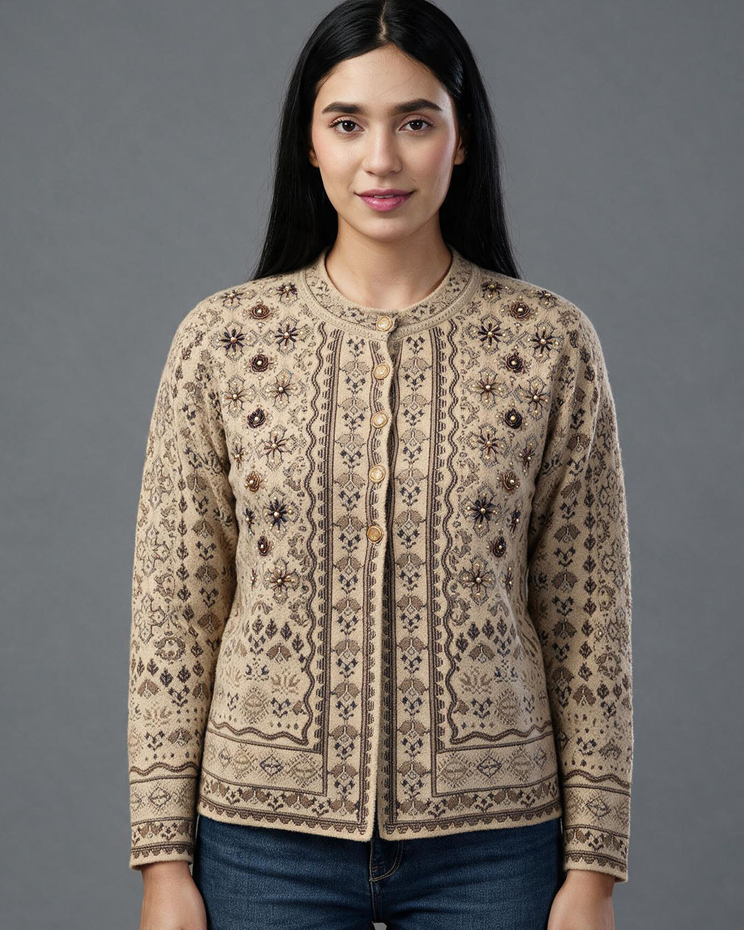 Virsa Embellished Round Neck Cardigan