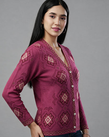 Virsa Geometric Pattern V-Neck Cardigan