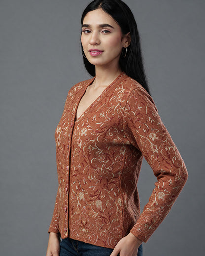 Virsa Floral Jacquard V-Neck Cardigan