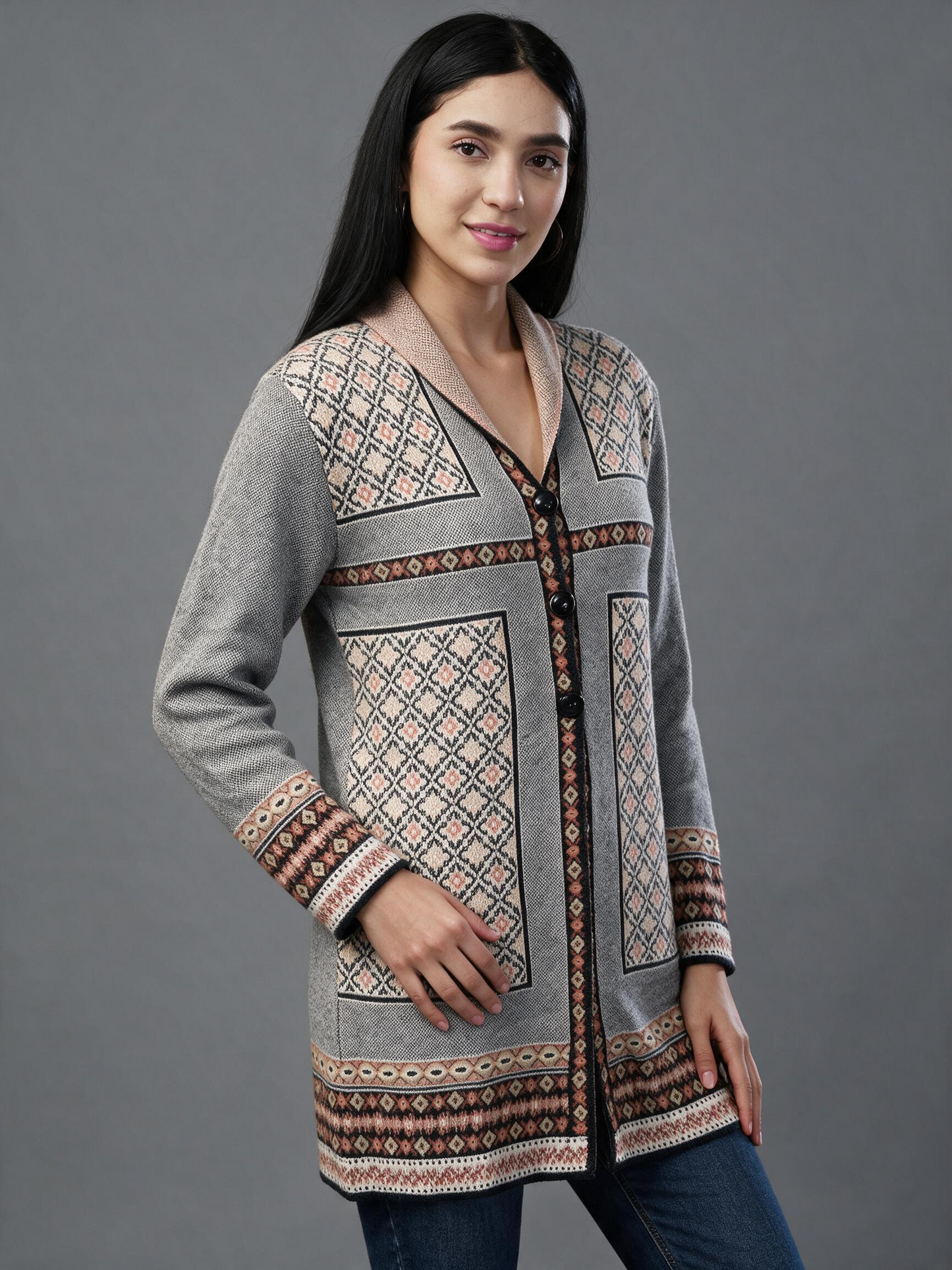 Virsa Ethnic Pattern Longline Cardigan