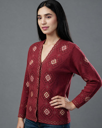 Virsa Geometric Pattern V-Neck Cardigan