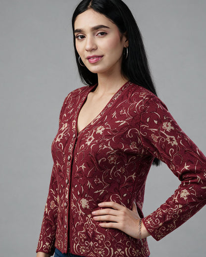 Virsa Floral Jacquard V-Neck Cardigan