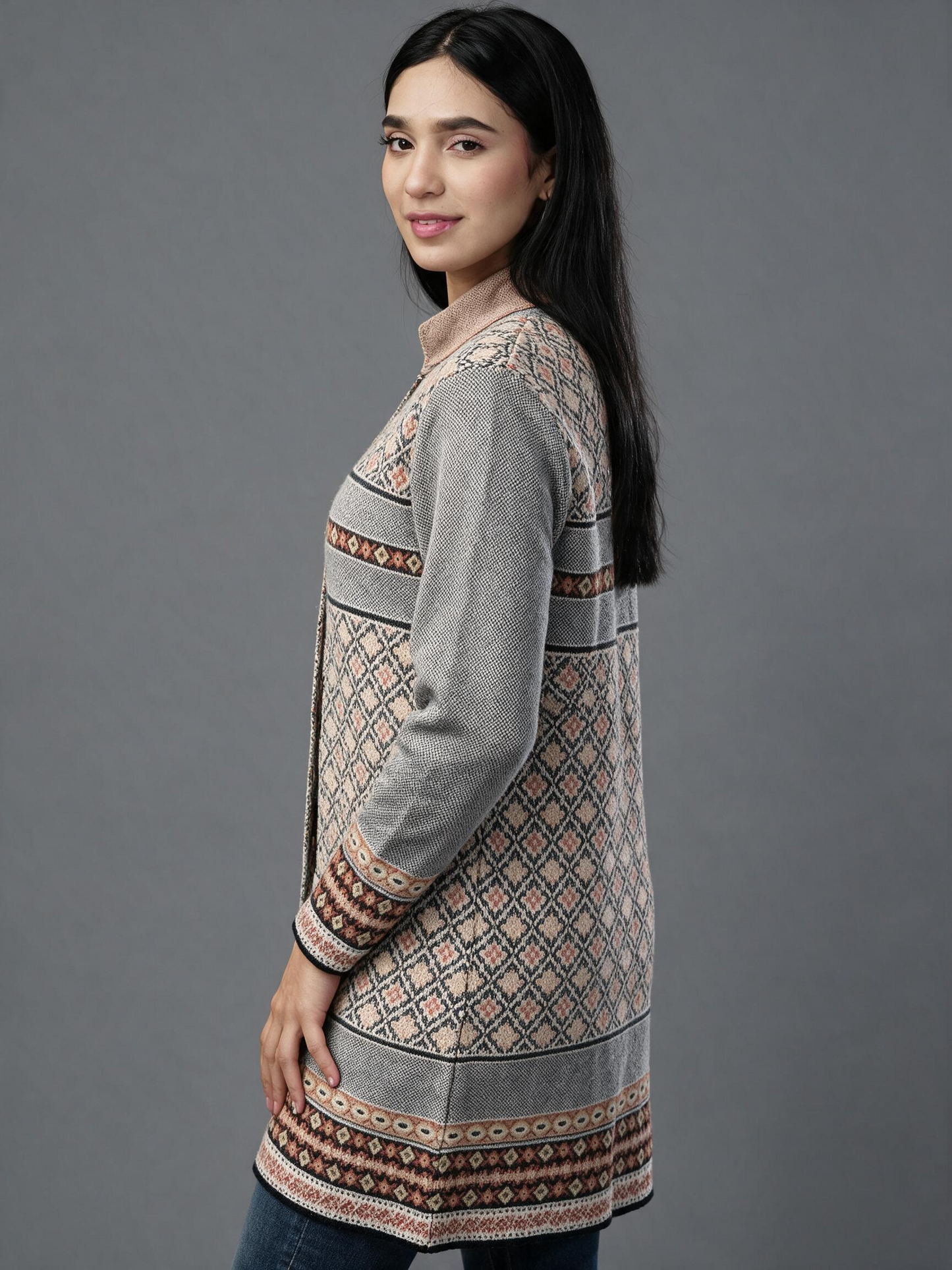 Virsa Ethnic Pattern Longline Cardigan